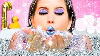 GLITTER BATH CHALLENGE MAKEUP amp DIYS  I BATHE IN GLITTER SOAP SHAMPOO amp BATH BOMB [upl. by Tadeo491]