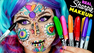 Full Face Using ONLY Sharpie Markers  I Doodles On Face With Permanent Sharpies CAUTION [upl. by Yatnuahs]