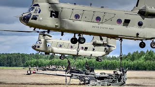 Chinook HEAVY LIFT Helicopter Sling Load MASSIVE M777 Howitzer [upl. by Ttej807]