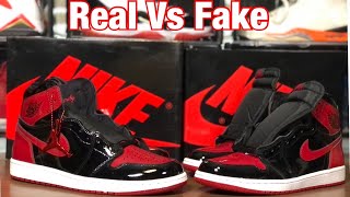 Air Jordan 1 Patent Bred Real Vs Fake Review Wblack light test This is Scary [upl. by Kotick]