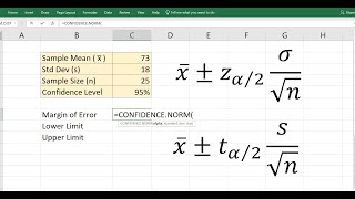 Confidence Interval for mean in Excel z amp t summary values [upl. by Balliol]